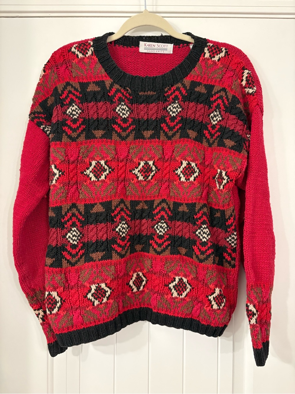 Vintage Karen Scott Red and Black Geometric Cable-Knit Crewneck Sweater